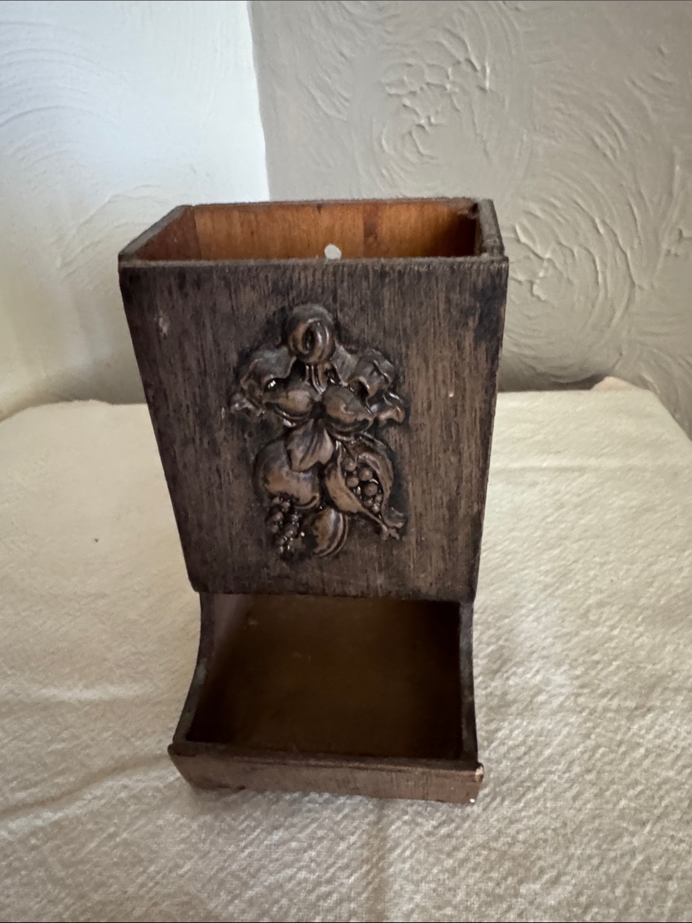Carved Wooden Matchbox Holder with Fruit Motif - Dark Brown